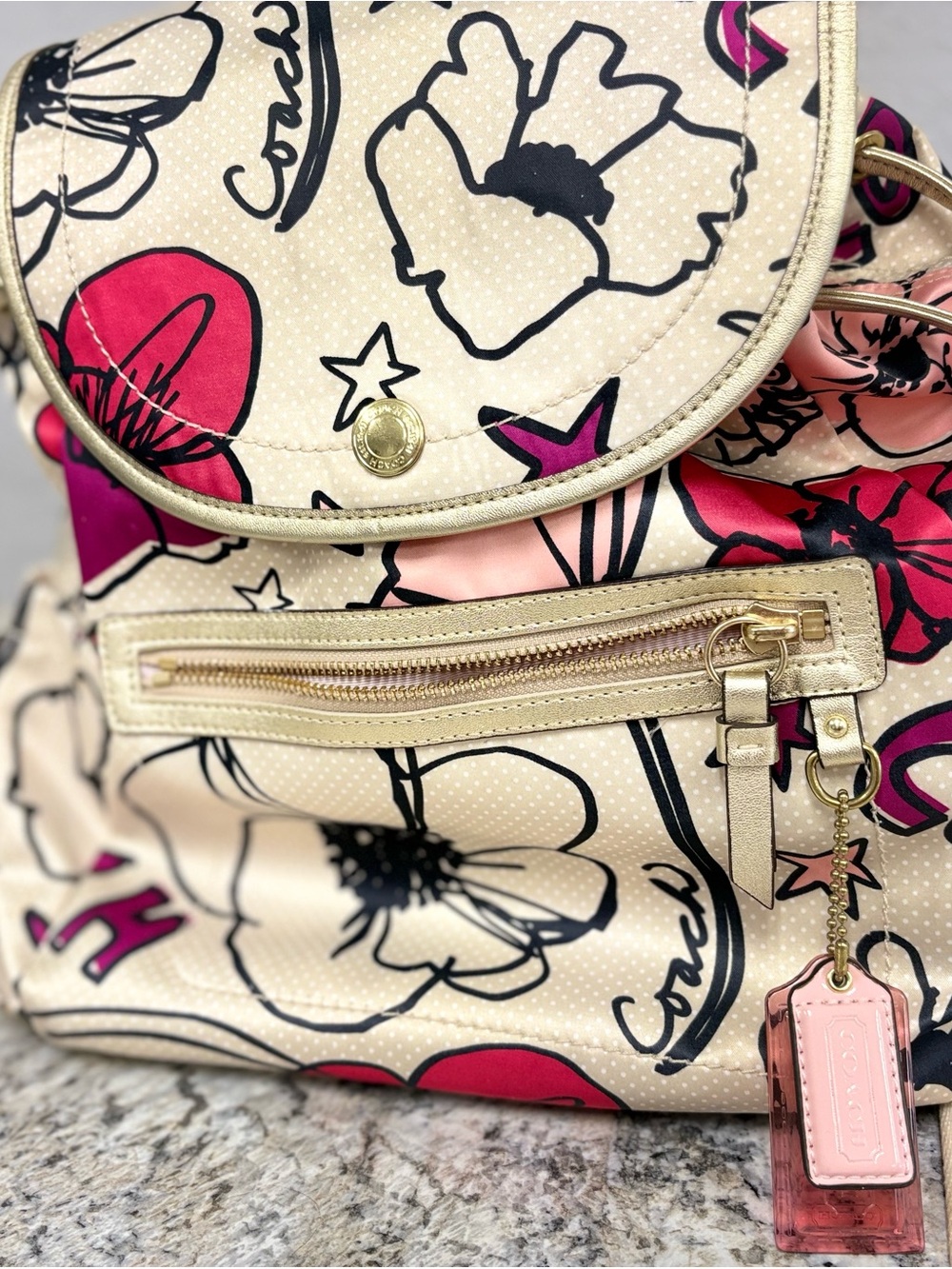Coach Beige Floral Backpack with Pink and Fuchsia Accents